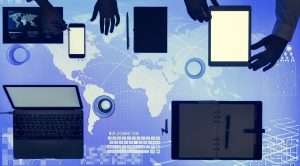 Digital devices on cyber space table