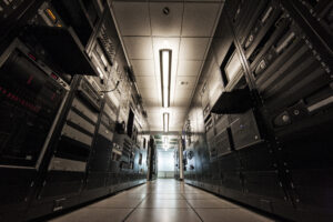 Storage racks aligned in a computer server room